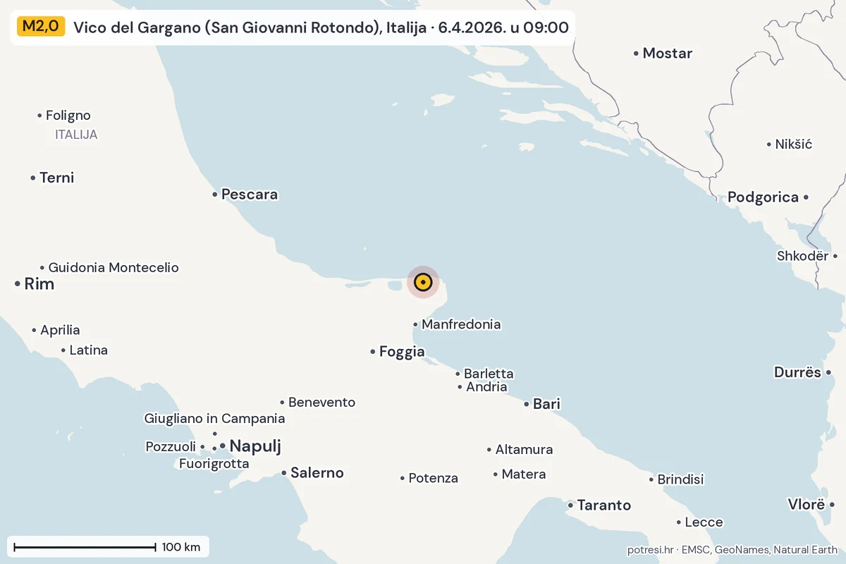 Karta: šire područje, 600 km, potres M2,0, Vico del Gargano (San Giovanni Rotondo), Italija, 6.4.2026.