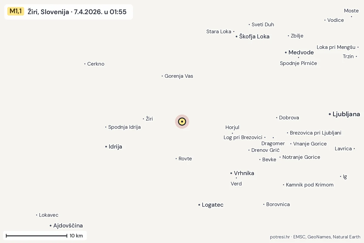 Karta: okolica epicentra, 60 km, potres M1,1, Žiri, Slovenija, 7.4.2026.