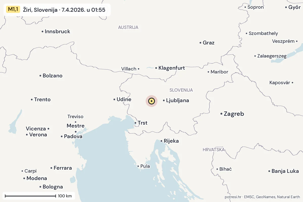 Karta: šire područje, 600 km, potres M1,1, Žiri, Slovenija, 7.4.2026.