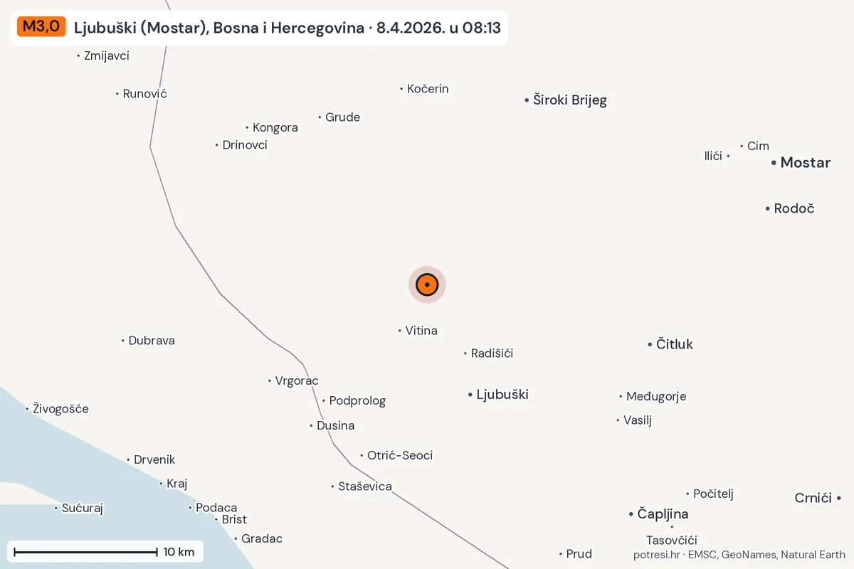 Karta: okolica epicentra, 60 km, potres M3,0, Ljubuški (Mostar), Bosna i Hercegovina, 8.4.2026.