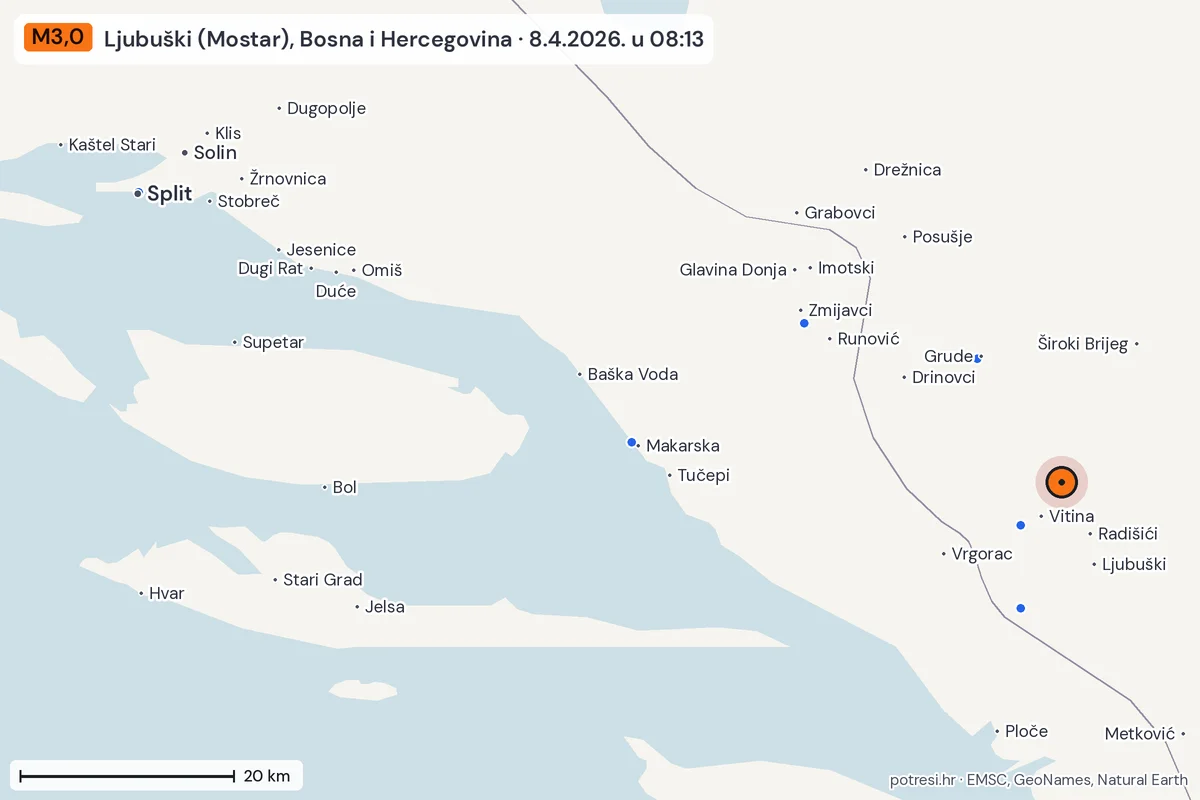 Karta: izvješća građana, potres M3,0, Ljubuški (Mostar), Bosna i Hercegovina, 8.4.2026.
