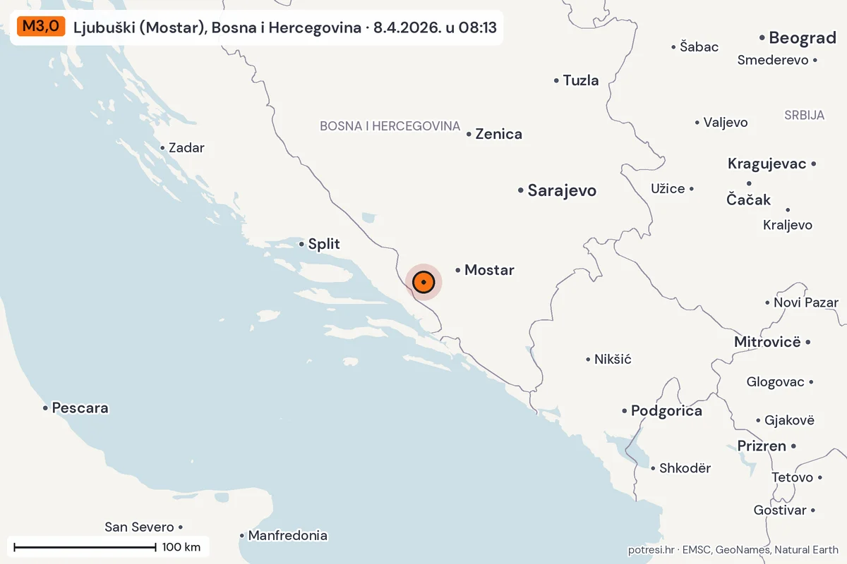Karta: šire područje, 600 km, potres M3,0, Ljubuški (Mostar), Bosna i Hercegovina, 8.4.2026.