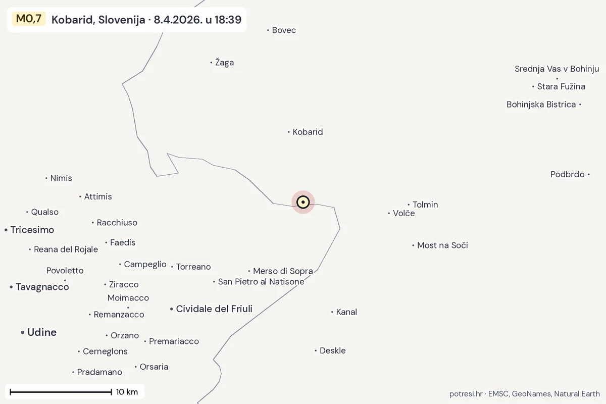 Karta: okolica epicentra, 60 km, potres M0,7, Kobarid, Slovenija, 8.4.2026.