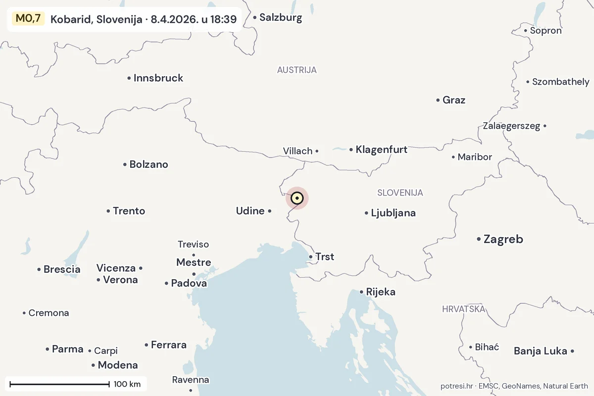 Karta: šire područje, 600 km, potres M0,7, Kobarid, Slovenija, 8.4.2026.