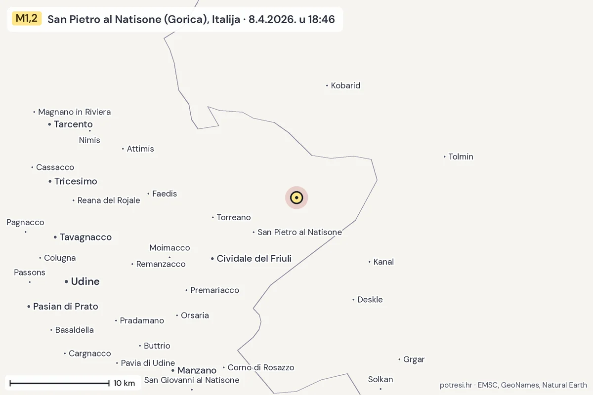 Karta: okolica epicentra, 60 km, potres M1,2, San Pietro al Natisone (Gorica), Italija, 8.4.2026.