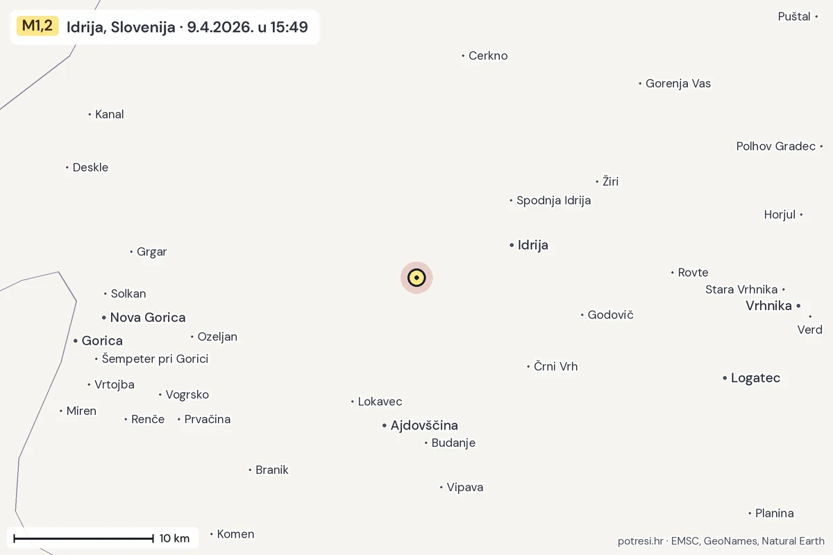 Karta: okolica epicentra, 60 km, potres M1,2, Idrija, Slovenija, 9.4.2026.