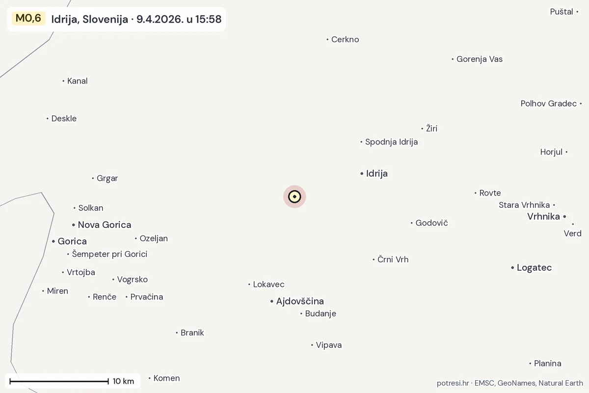Karta: okolica epicentra, 60 km, potres M0,6, Idrija, Slovenija, 9.4.2026.