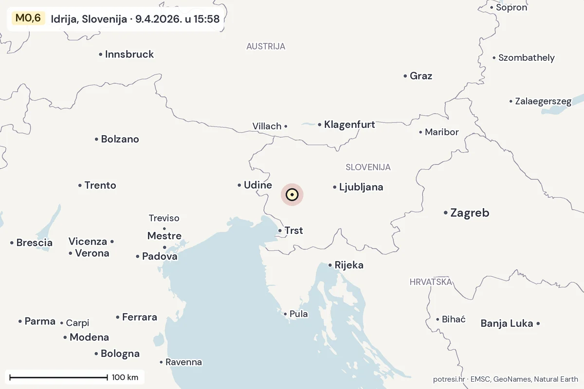 Karta: šire područje, 600 km, potres M0,6, Idrija, Slovenija, 9.4.2026.