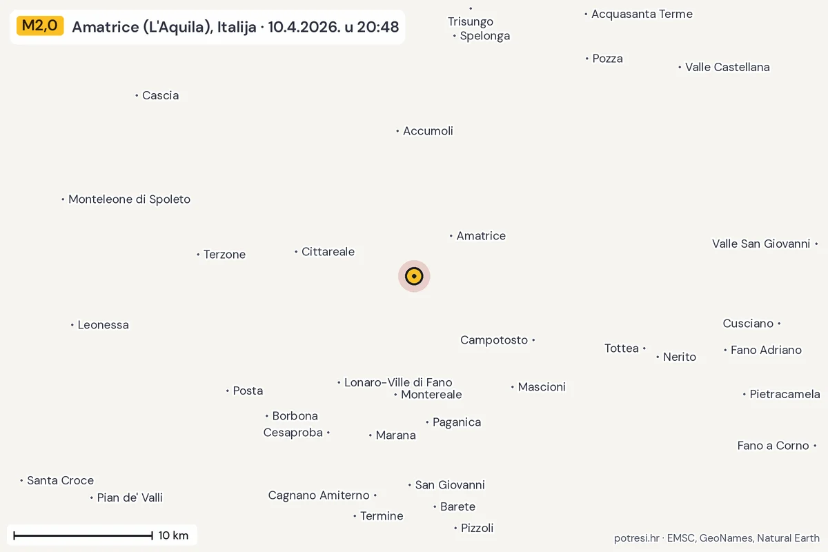 Karta: okolica epicentra, 60 km, potres M2,0, Amatrice (L'Aquila), Italija, 10.4.2026.