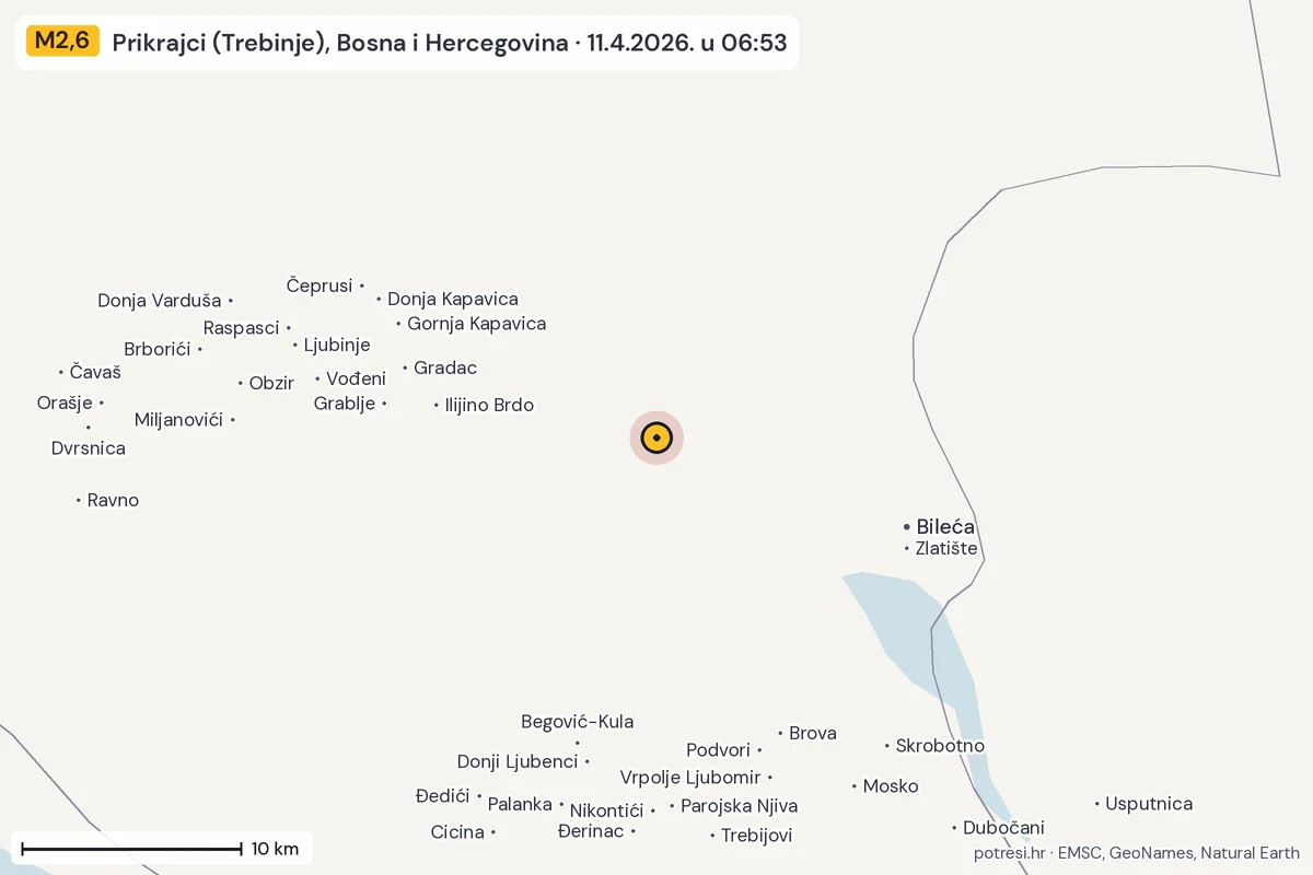 Karta: okolica epicentra, 60 km, potres M2,6, Prikrajci (Trebinje), Bosna i Hercegovina, 11.4.2026.