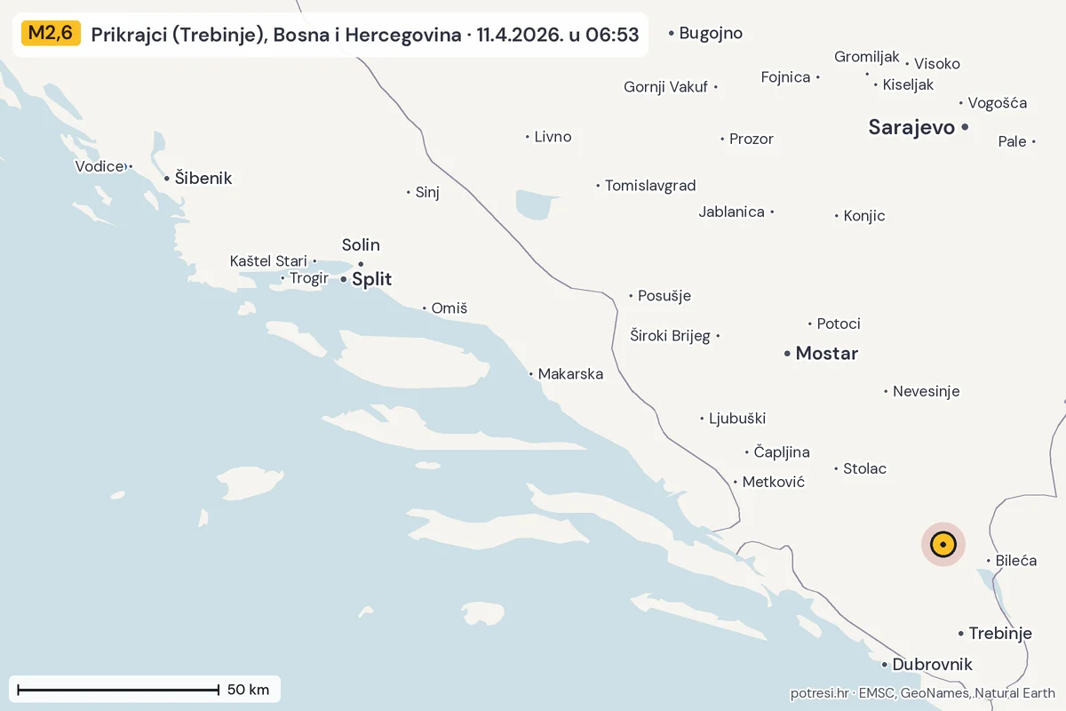 Karta: izvješća građana, potres M2,6, Prikrajci (Trebinje), Bosna i Hercegovina, 11.4.2026.
