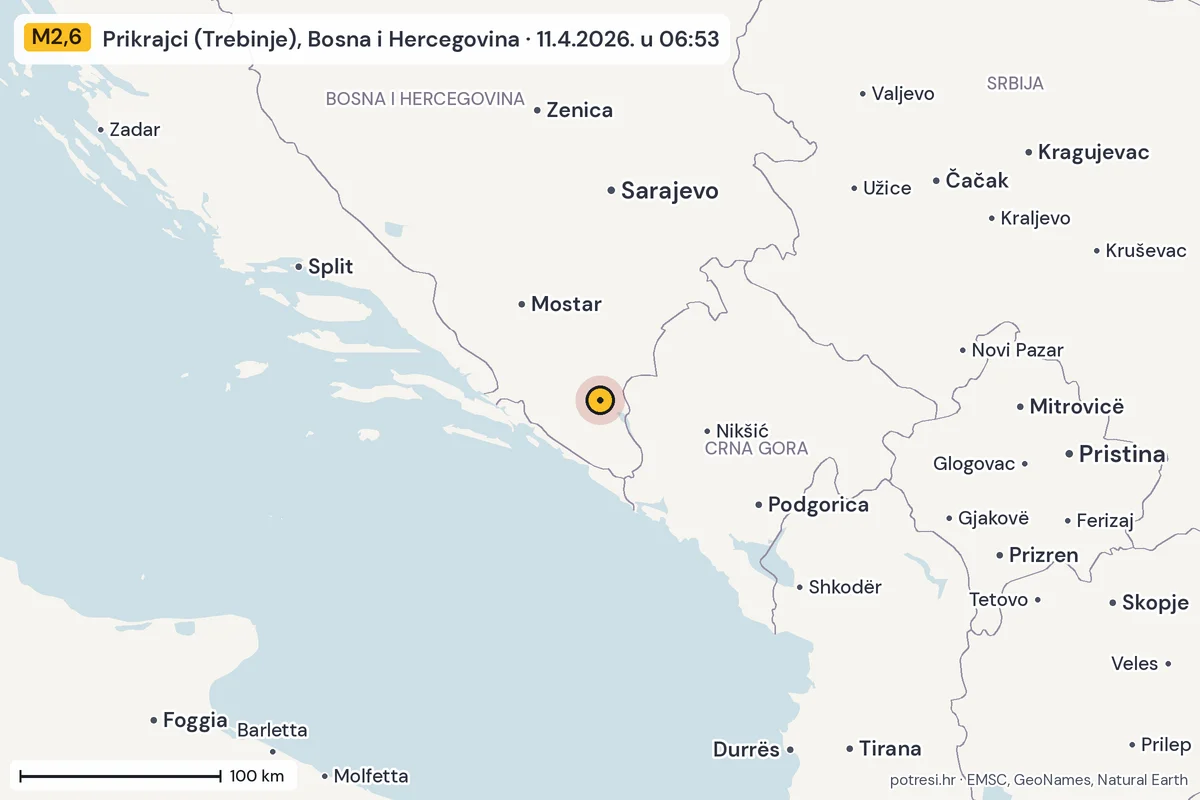 Karta: šire područje, 600 km, potres M2,6, Prikrajci (Trebinje), Bosna i Hercegovina, 11.4.2026.