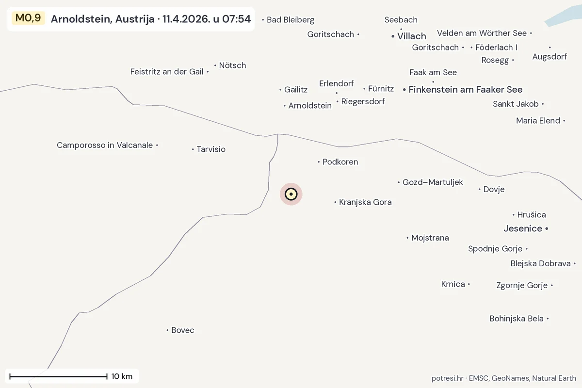 Karta: okolica epicentra, 60 km, potres M0,9, Arnoldstein, Austrija, 11.4.2026.