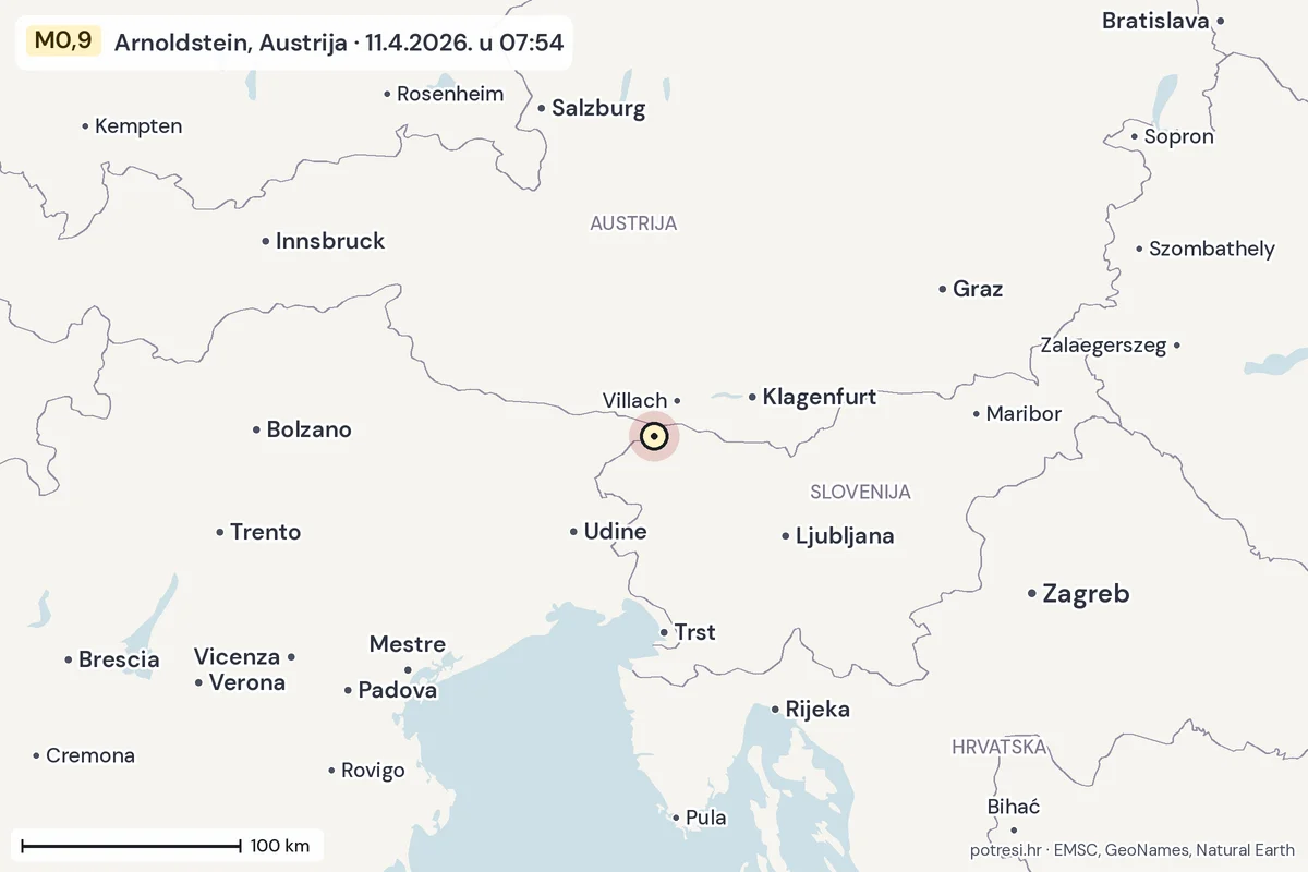 Karta: šire područje, 600 km, potres M0,9, Arnoldstein, Austrija, 11.4.2026.