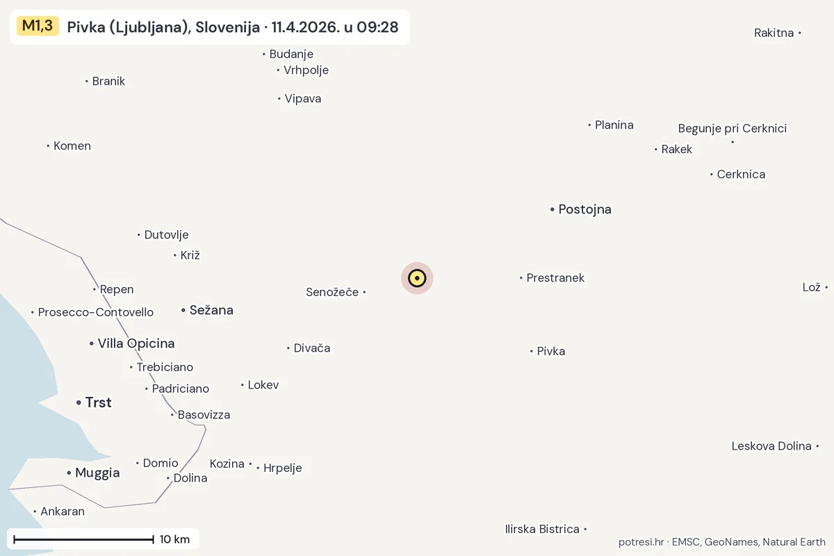 Karta: okolica epicentra, 60 km, potres M1,3, Pivka (Ljubljana), Slovenija, 11.4.2026.