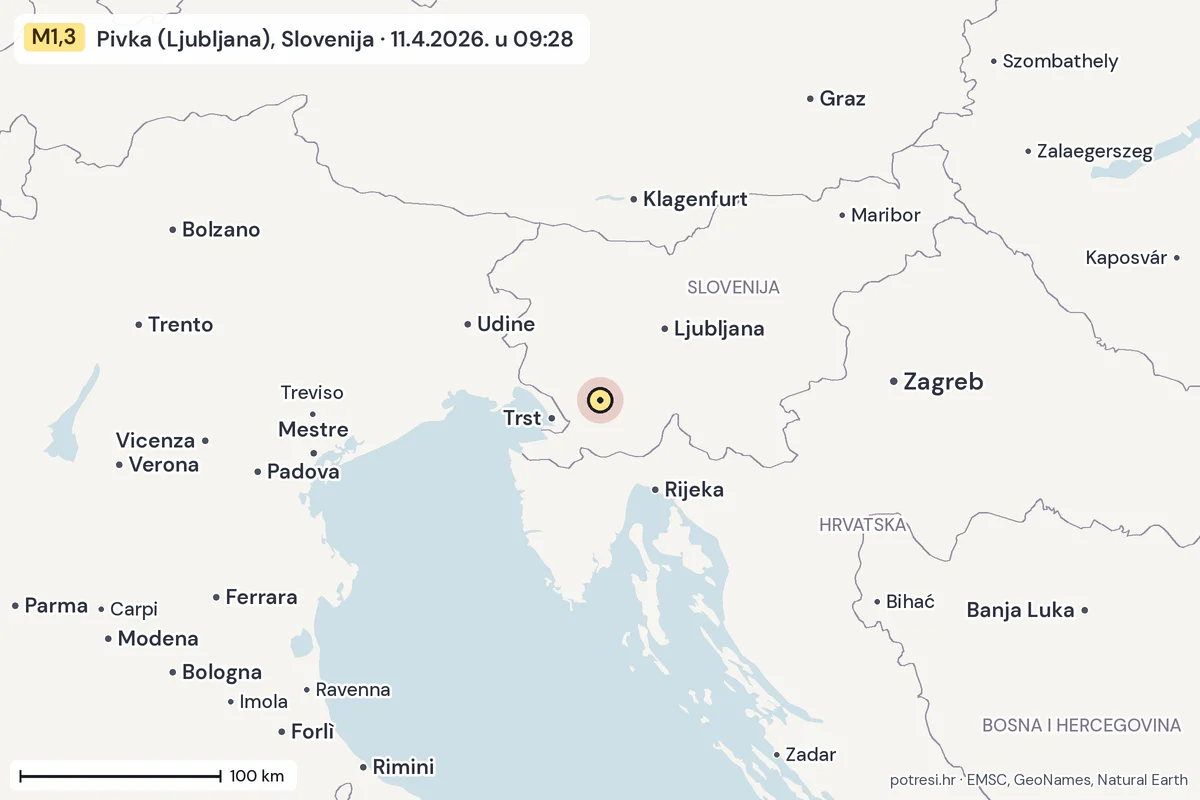 Karta: šire područje, 600 km, potres M1,3, Pivka (Ljubljana), Slovenija, 11.4.2026.