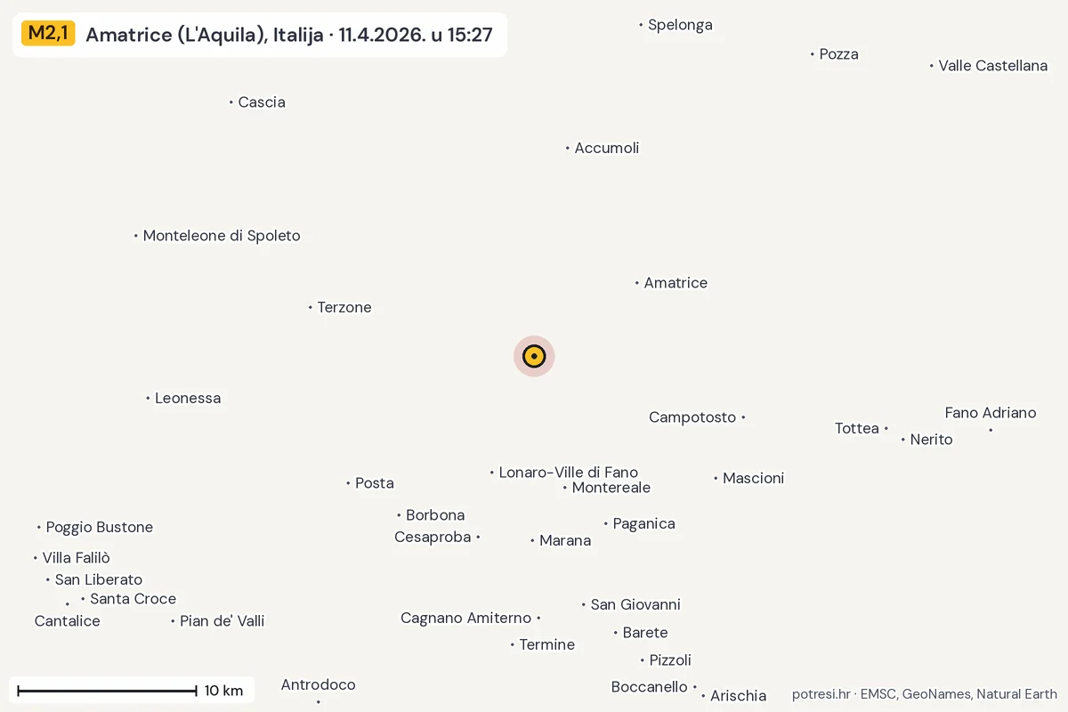 Karta: okolica epicentra, 60 km, potres M2,1, Amatrice (L'Aquila), Italija, 11.4.2026.