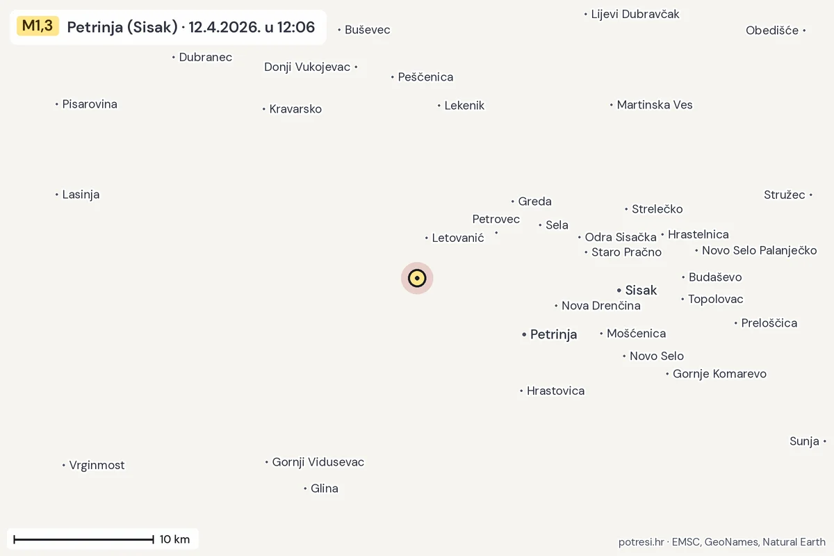 Karta: okolica epicentra, 60 km, potres M1,3, Petrinja (Sisak), 12.4.2026.