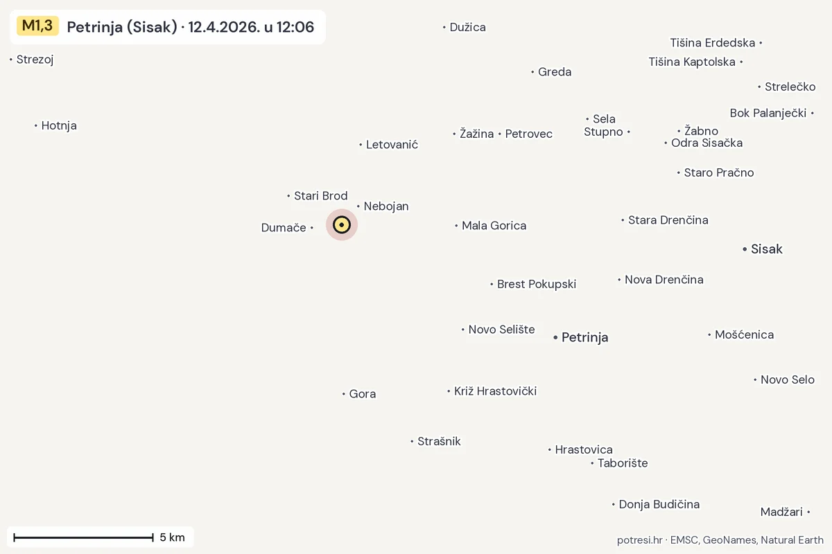 Karta: izvješća građana, potres M1,3, Petrinja (Sisak), 12.4.2026.