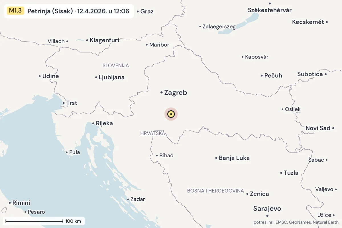 Karta: šire područje, 600 km, potres M1,3, Petrinja (Sisak), 12.4.2026.