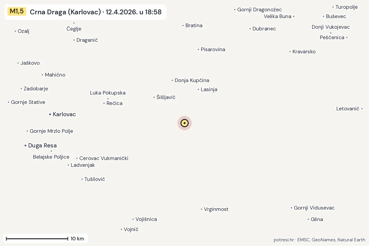 Karta: okolica epicentra, 60 km, potres M1,5, Crna Draga (Karlovac), 12.4.2026.