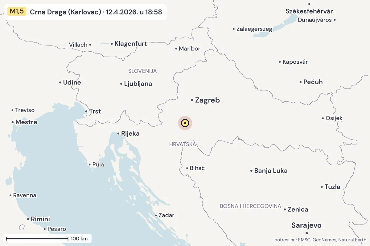 Karta: šire područje, 600 km, potres M1,5, Crna Draga (Karlovac), 12.4.2026.