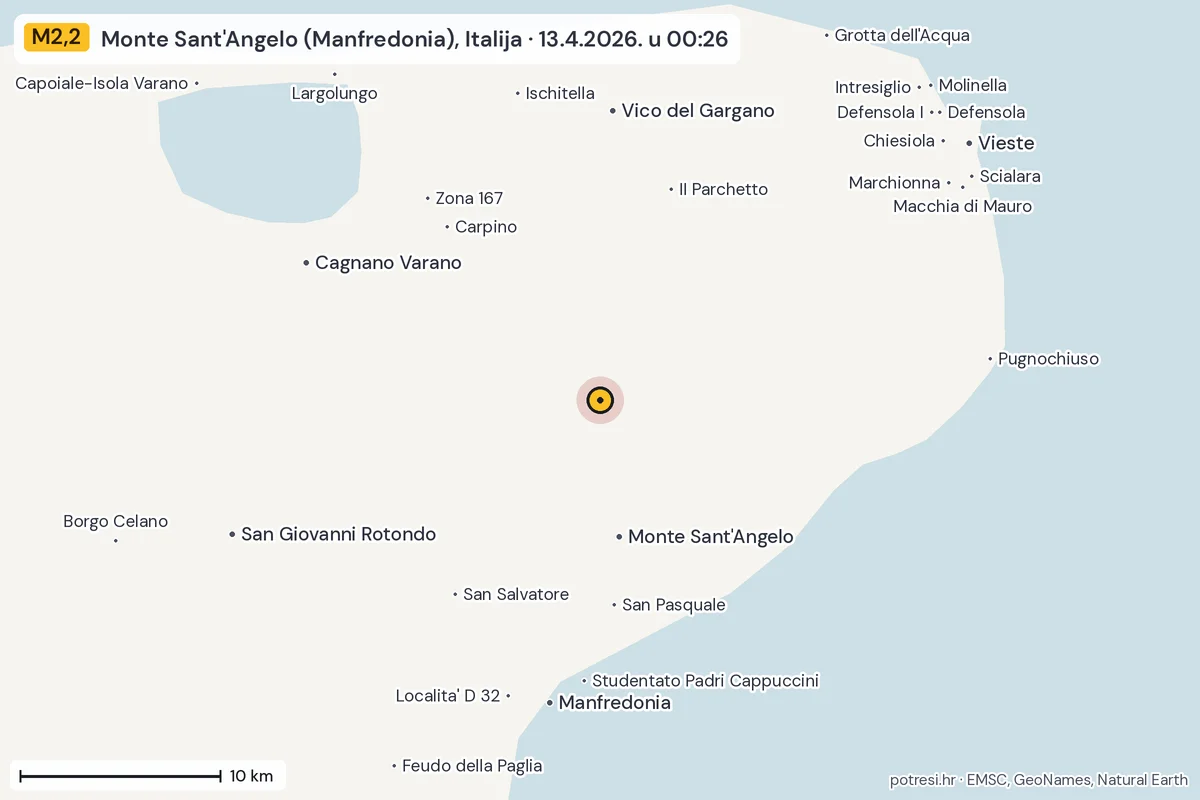 Karta: okolica epicentra, 60 km, potres M2,2, Monte Sant'Angelo (Manfredonia), Italija, 13.4.2026.