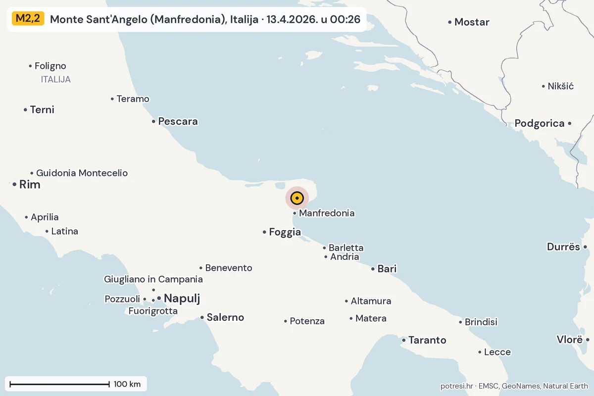 Karta: šire područje, 600 km, potres M2,2, Monte Sant'Angelo (Manfredonia), Italija, 13.4.2026.