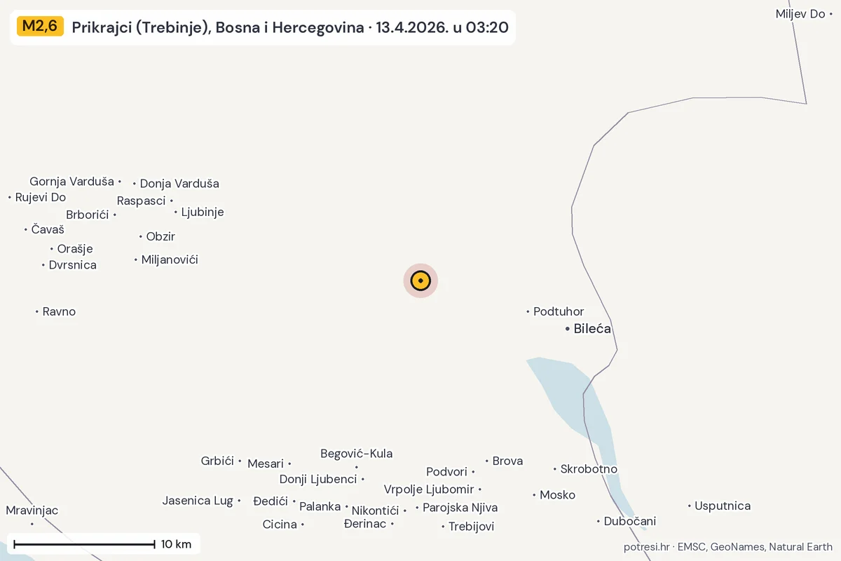 Karta: okolica epicentra, 60 km, potres M2,6, Prikrajci (Trebinje), Bosna i Hercegovina, 13.4.2026.