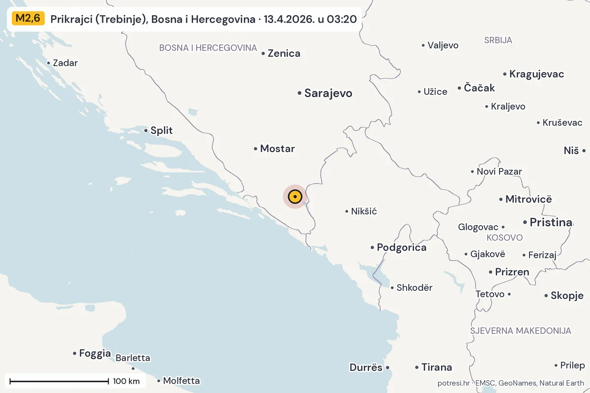 Karta: šire područje, 600 km, potres M2,6, Prikrajci (Trebinje), Bosna i Hercegovina, 13.4.2026.