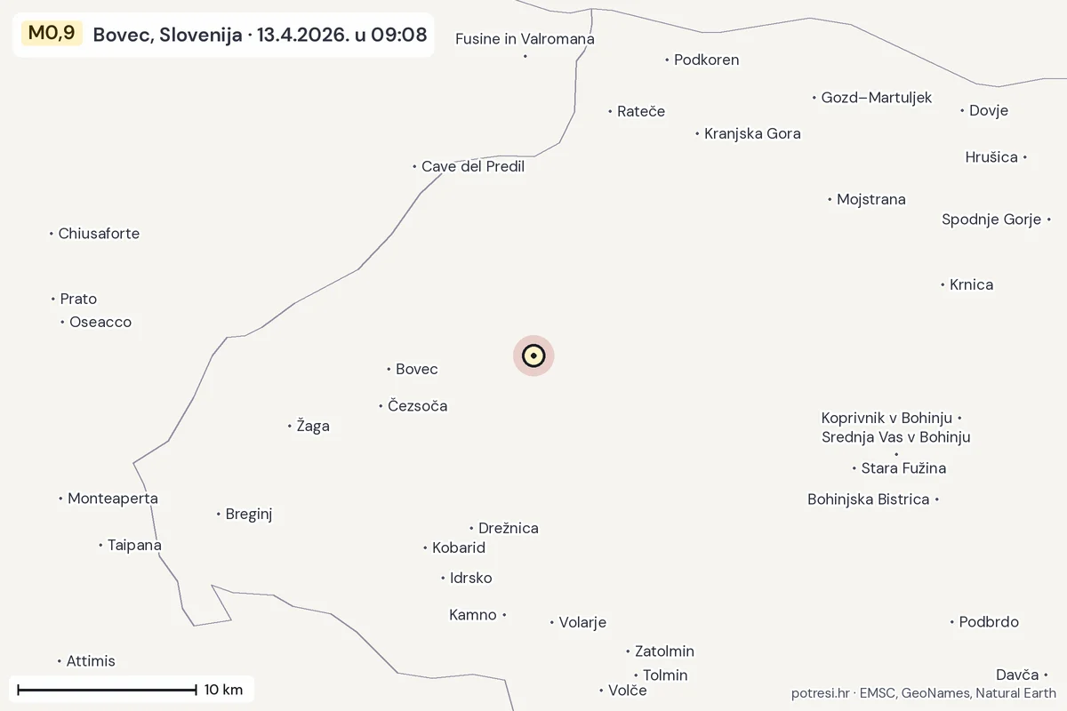 Karta: okolica epicentra, 60 km, potres M0,9, Bovec, Slovenija, 13.4.2026.