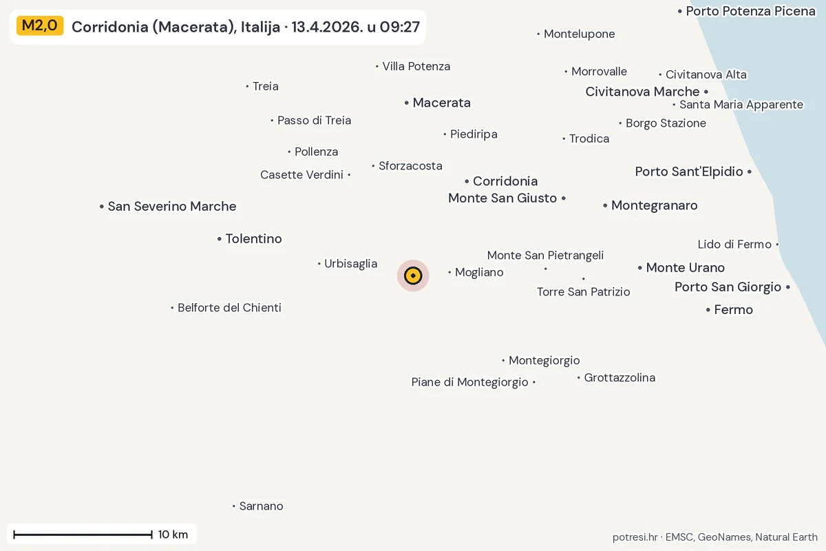 Karta: okolica epicentra, 60 km, potres M2,0, Corridonia (Macerata), Italija, 13.4.2026.