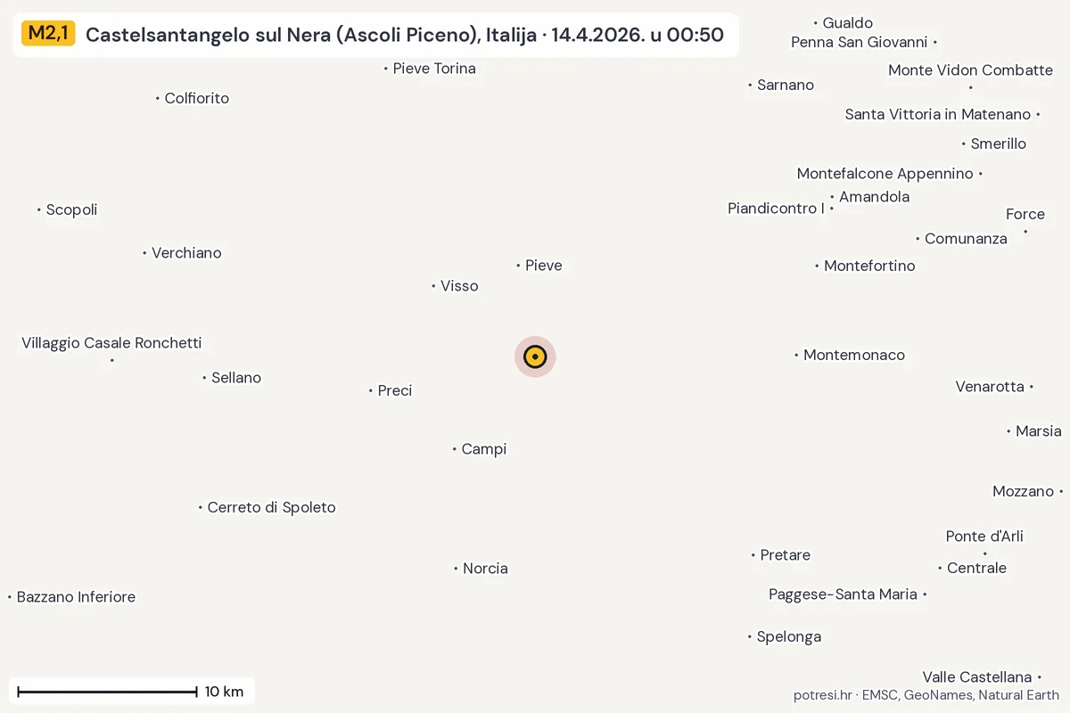 Karta: okolica epicentra, 60 km, potres M2,1, Castelsantangelo sul Nera (Ascoli Piceno), Italija, 14.4.2026.