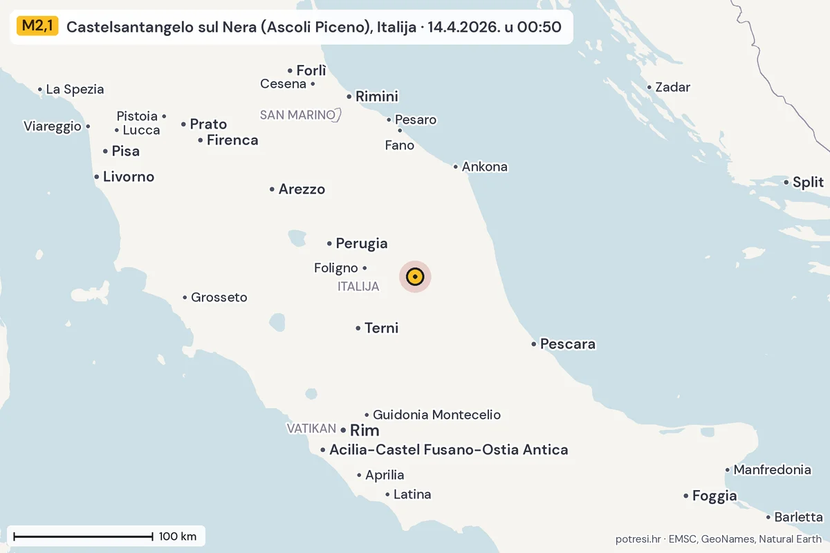 Karta: šire područje, 600 km, potres M2,1, Castelsantangelo sul Nera (Ascoli Piceno), Italija, 14.4.2026.