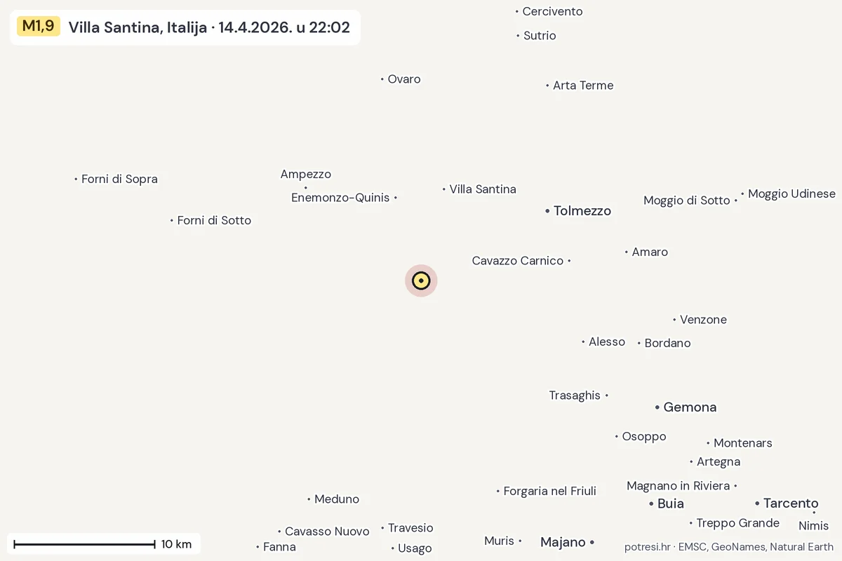 Karta: okolica epicentra, 60 km, potres M1,9, Villa Santina, Italija, 14.4.2026.