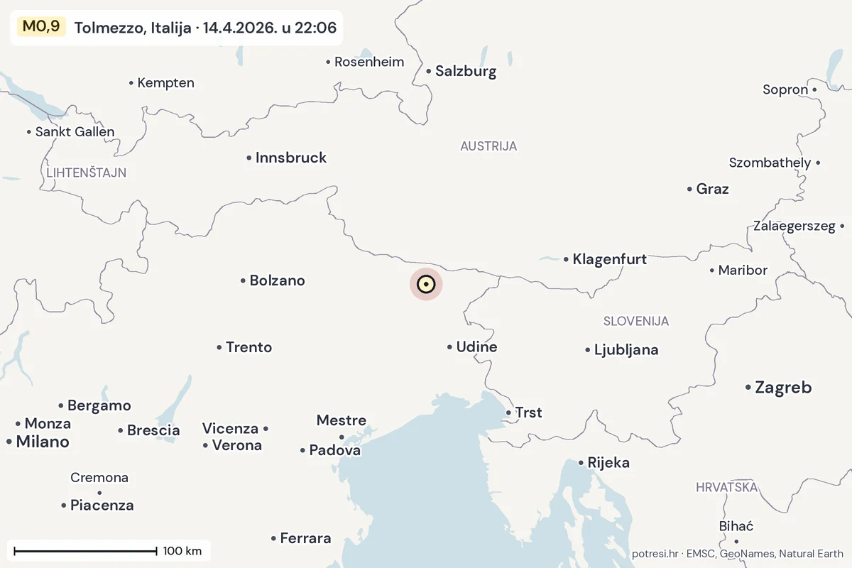 Karta: šire područje, 600 km, potres M0,9, Tolmezzo, Italija, 14.4.2026.