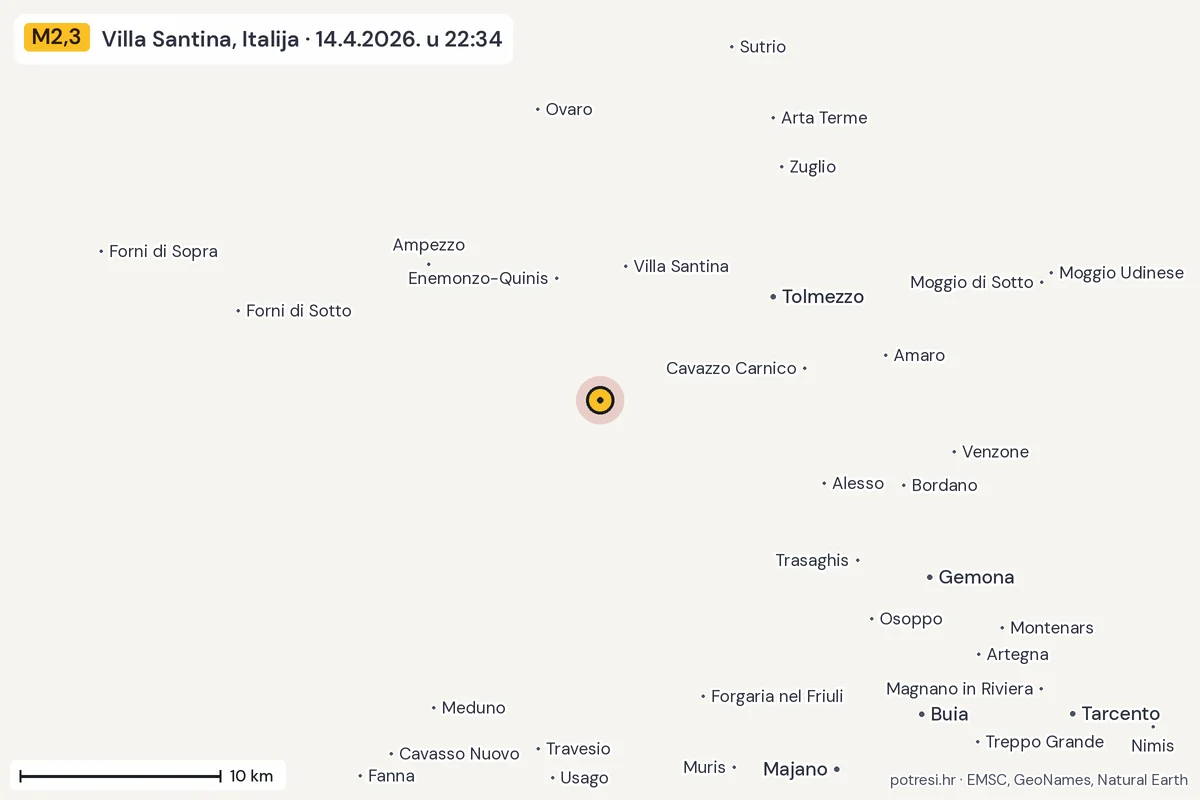 Karta: okolica epicentra, 60 km, potres M2,3, Villa Santina, Italija, 14.4.2026.