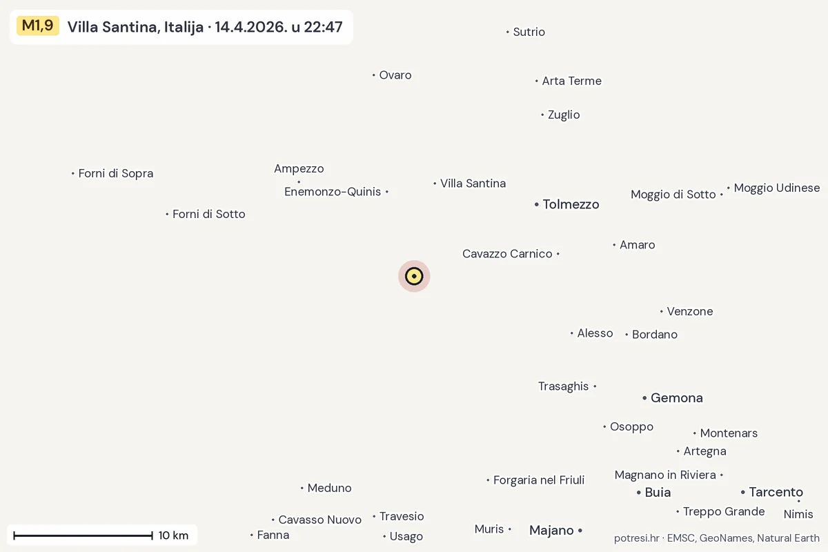 Karta: okolica epicentra, 60 km, potres M1,9, Villa Santina, Italija, 14.4.2026.