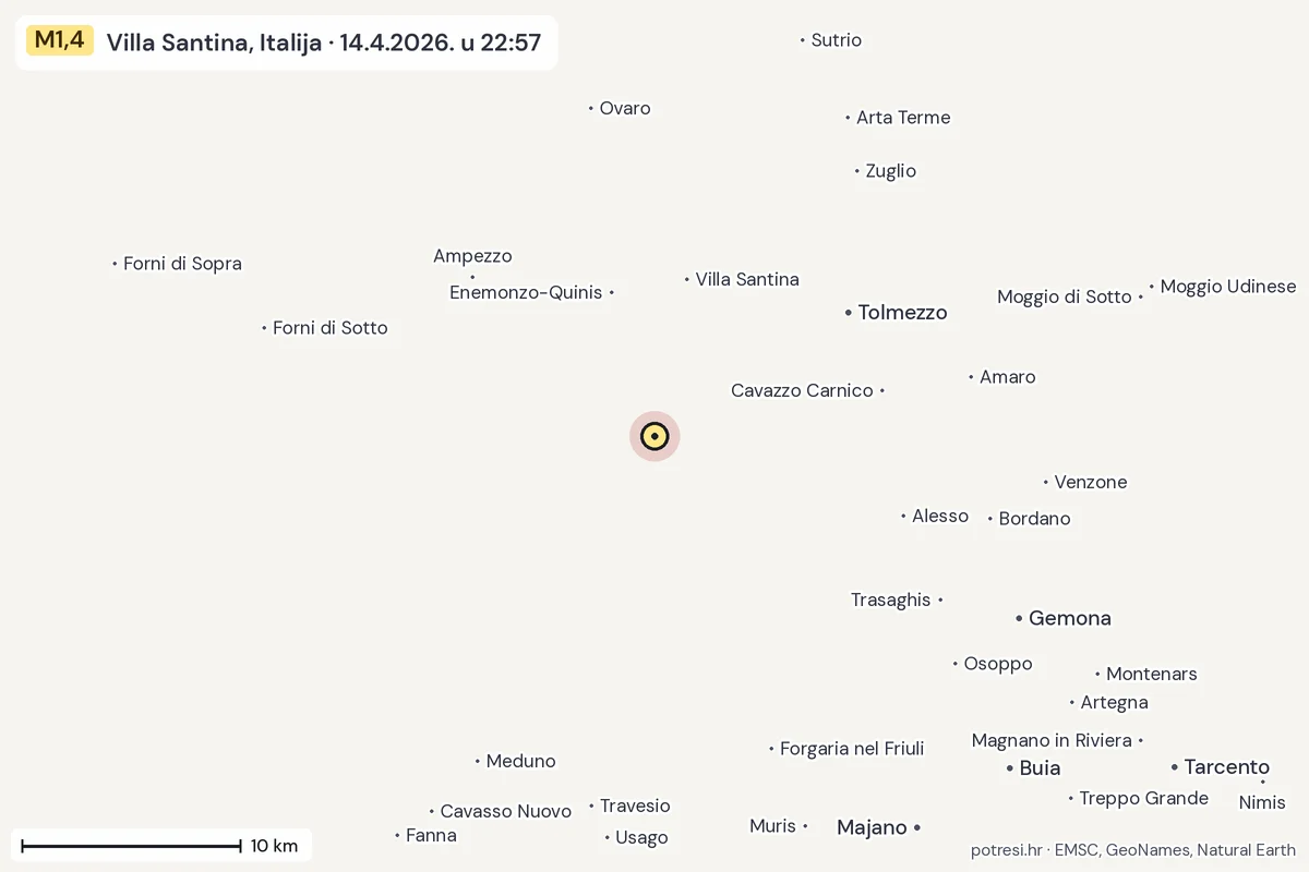Karta: okolica epicentra, 60 km, potres M1,4, Villa Santina, Italija, 14.4.2026.
