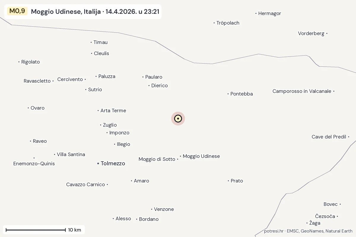 Karta: okolica epicentra, 60 km, potres M0,9, Moggio Udinese, Italija, 14.4.2026.