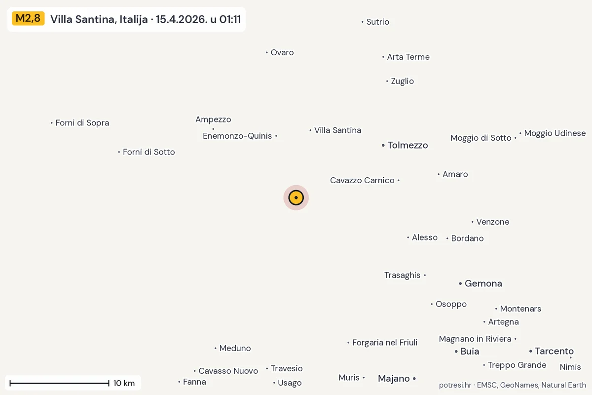 Karta: okolica epicentra, 60 km, potres M2,8, Villa Santina, Italija, 15.4.2026.