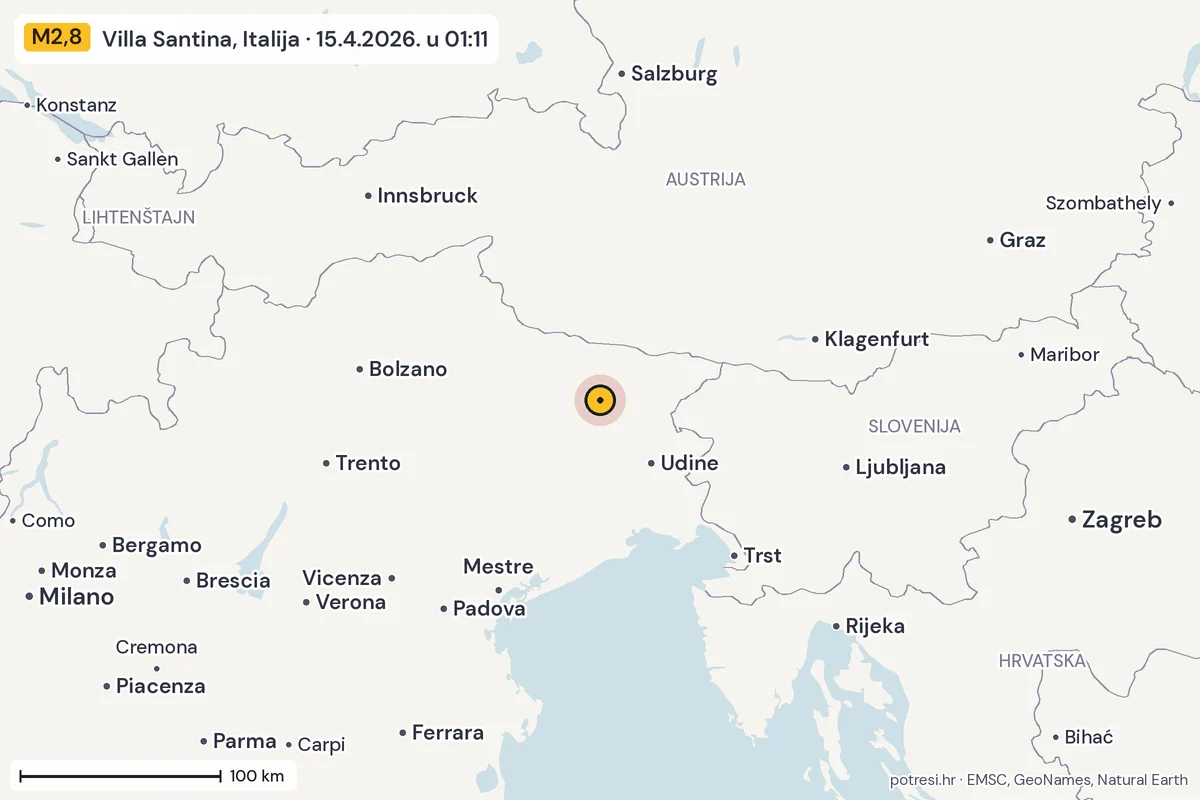Karta: šire područje, 600 km, potres M2,8, Villa Santina, Italija, 15.4.2026.