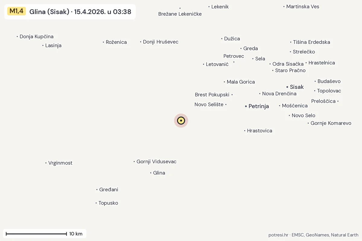 Karta: okolica epicentra, 60 km, potres M1,4, Glina (Sisak), 15.4.2026.
