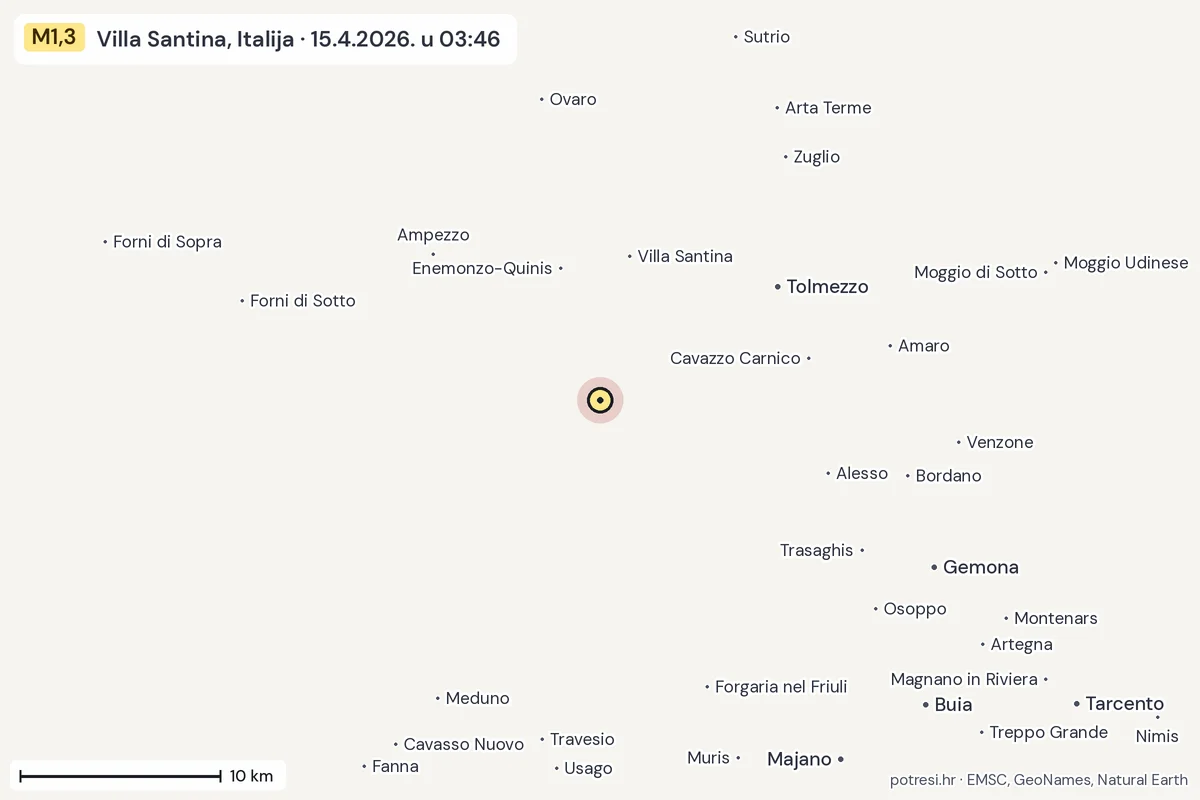 Karta: okolica epicentra, 60 km, potres M1,3, Villa Santina, Italija, 15.4.2026.