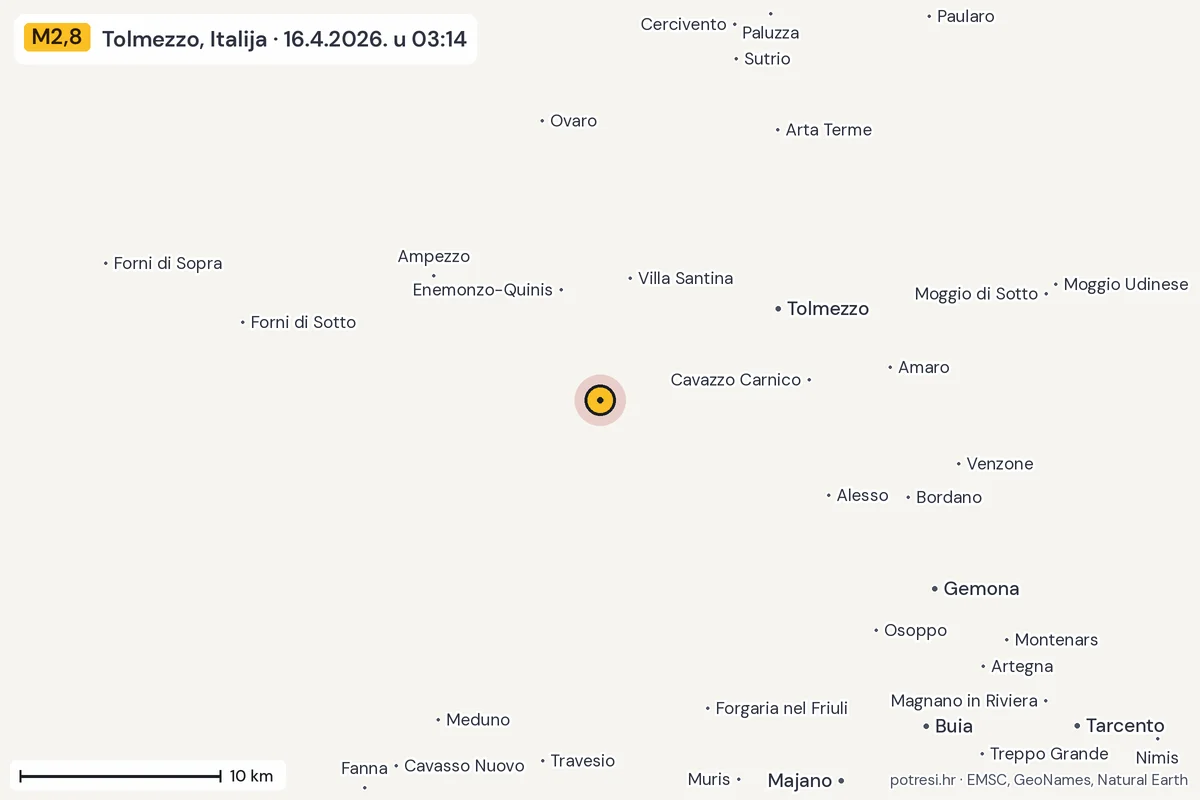 Karta: okolica epicentra, 60 km, potres M2,8, Tolmezzo, Italija, 16.4.2026.