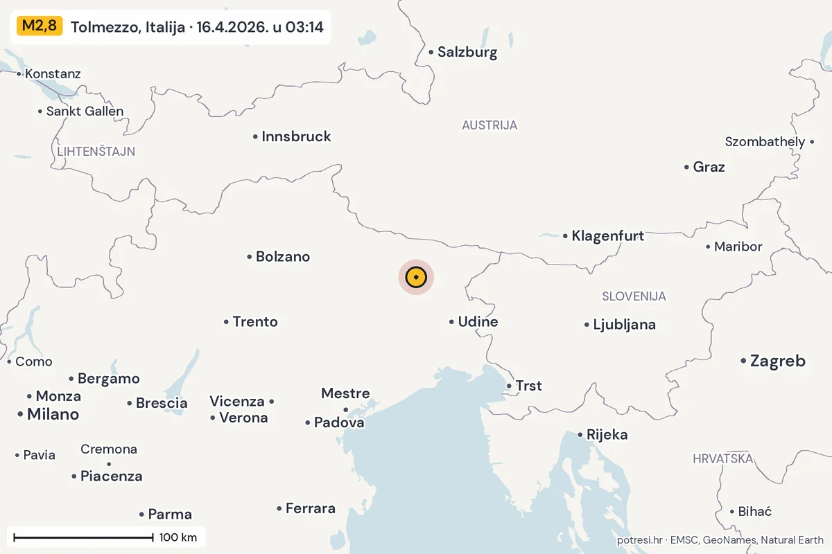 Karta: šire područje, 600 km, potres M2,8, Tolmezzo, Italija, 16.4.2026.