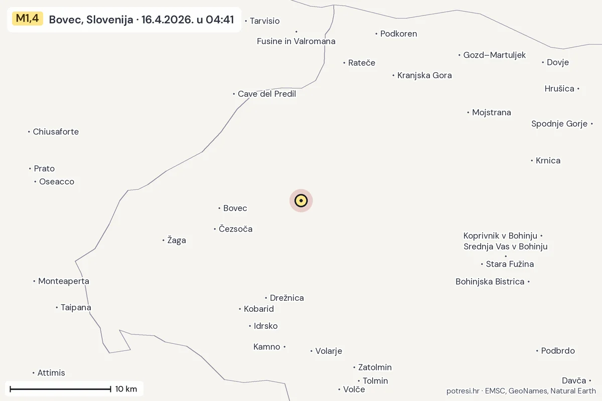 Karta: okolica epicentra, 60 km, potres M1,4, Bovec, Slovenija, 16.4.2026.