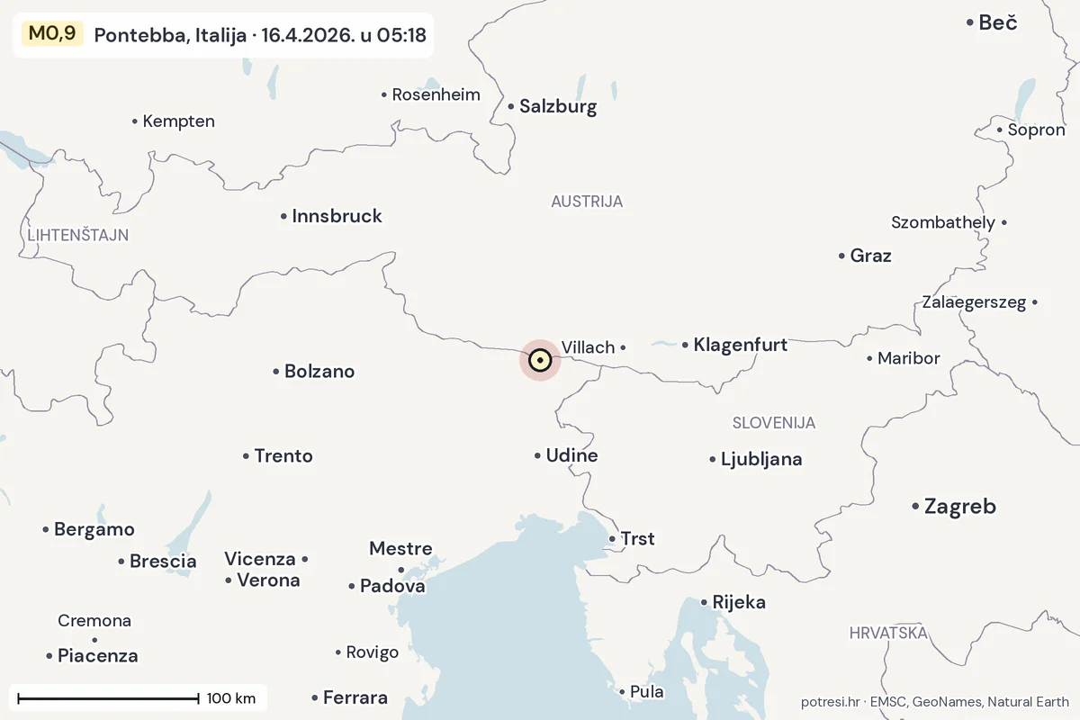 Karta: šire područje, 600 km, potres M0,9, Pontebba, Italija, 16.4.2026.