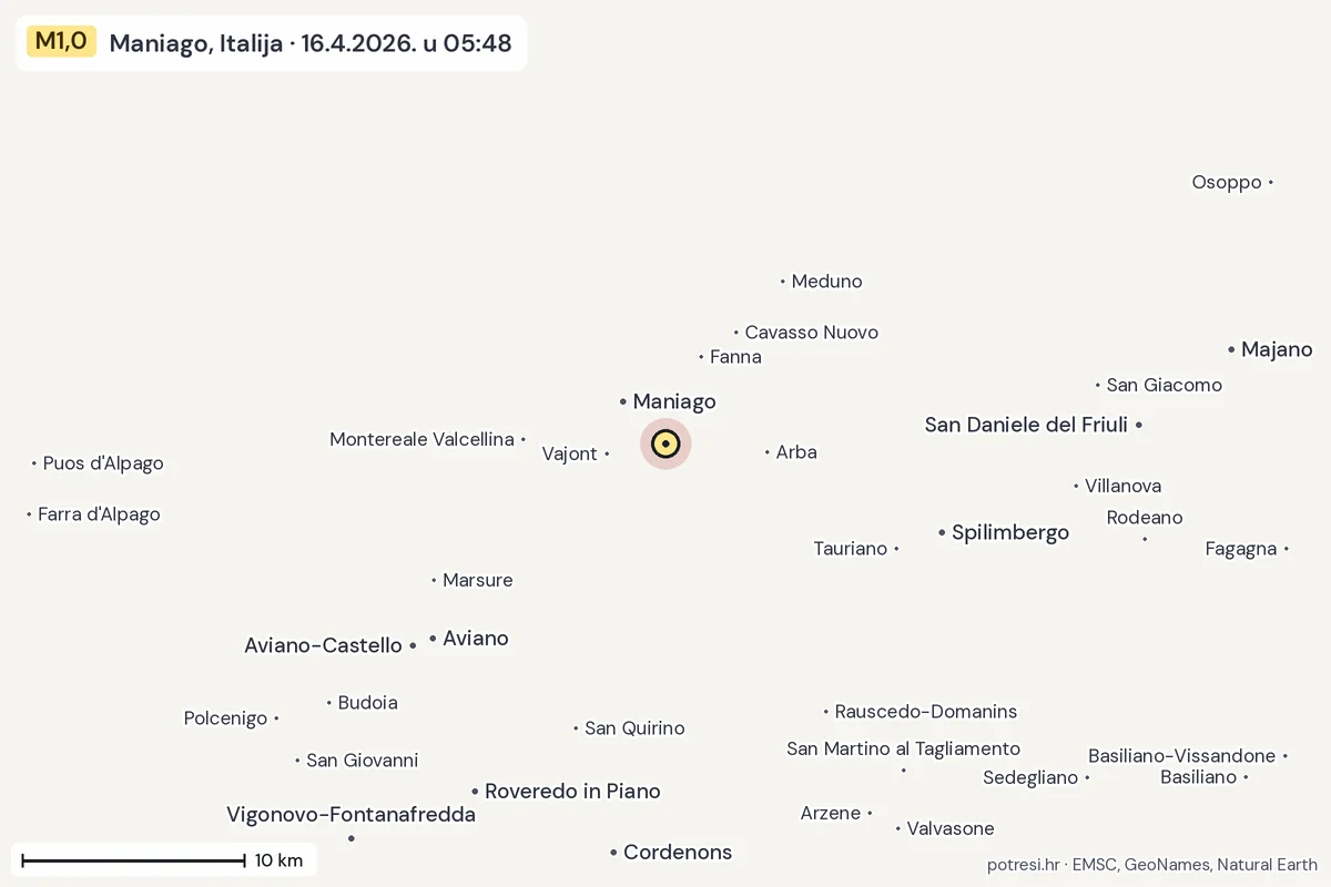 Karta: okolica epicentra, 60 km, potres M1,0, Maniago, Italija, 16.4.2026.