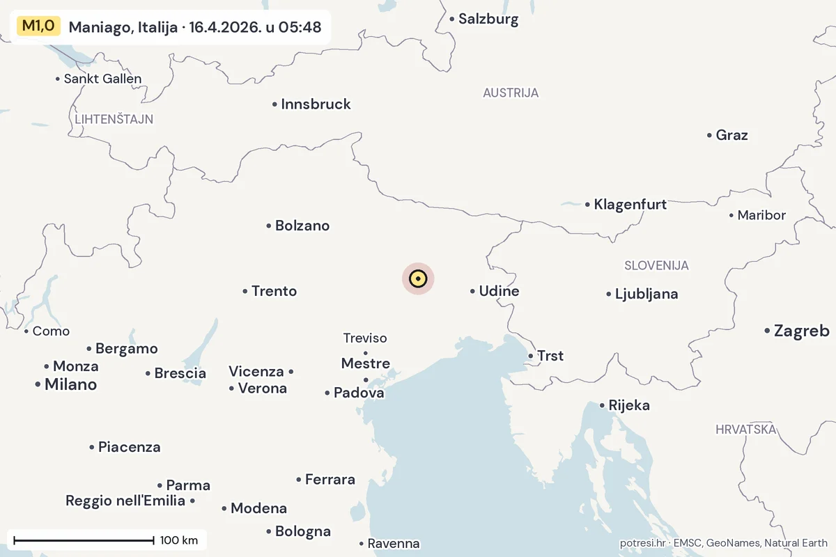 Karta: šire područje, 600 km, potres M1,0, Maniago, Italija, 16.4.2026.